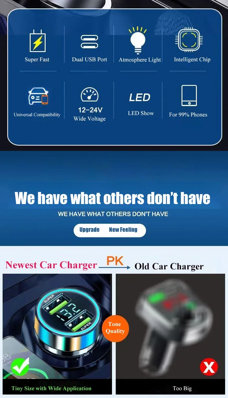 240W Car Charger Fast Charging 2 USB Ports Adapter for IPhone Samsung Xiaomi Quick Charging Chargers with Digital Display