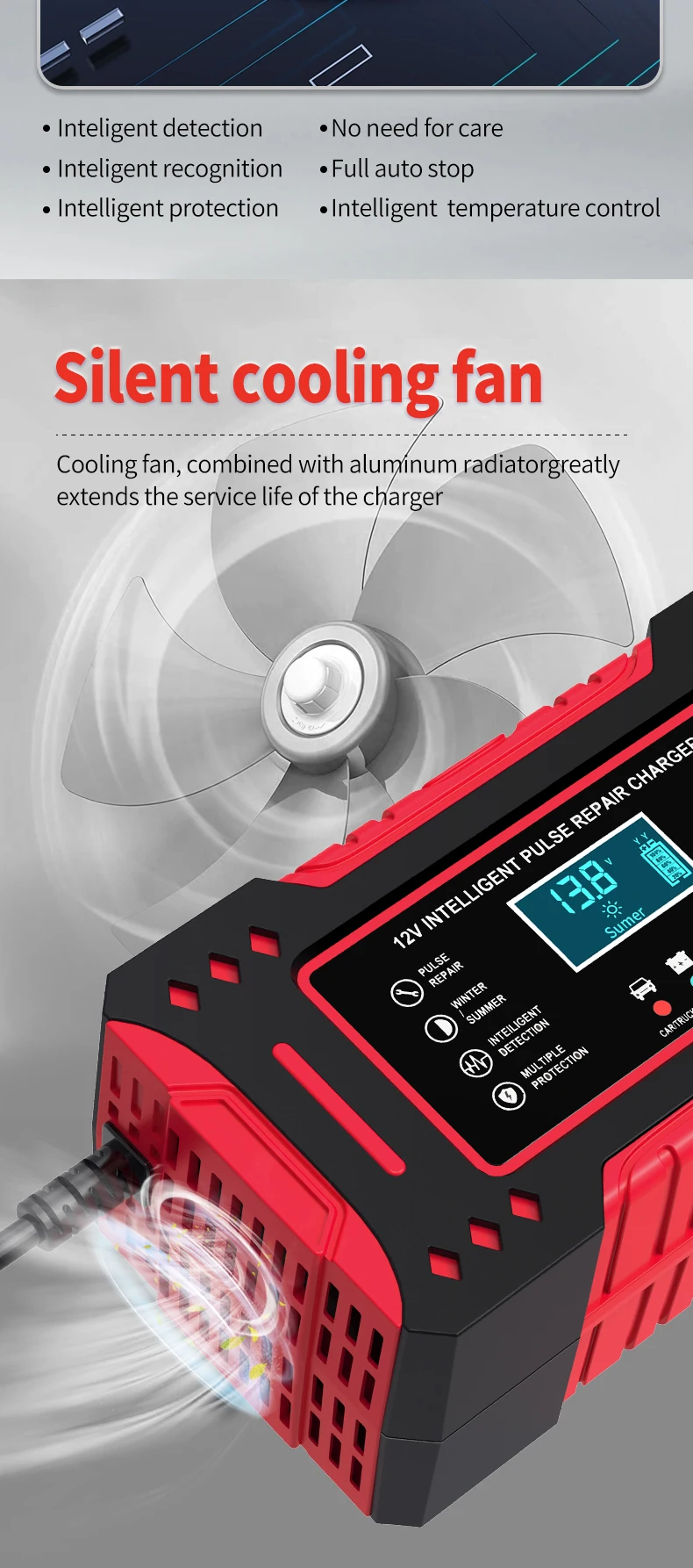 6A 12V Intelligent Car Battery Charger Car and Motorcycle Battery Charging Unit Lead-Acid Battery Repair LCD Display