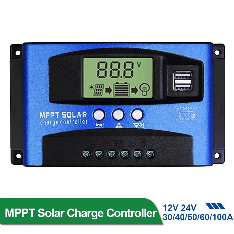 MPPT Solar Charge Controller 12V 24V Solar Panel Battery Charger 30A 40A 50A 60A 100A Dual USB LCD Display  Regulator with Load