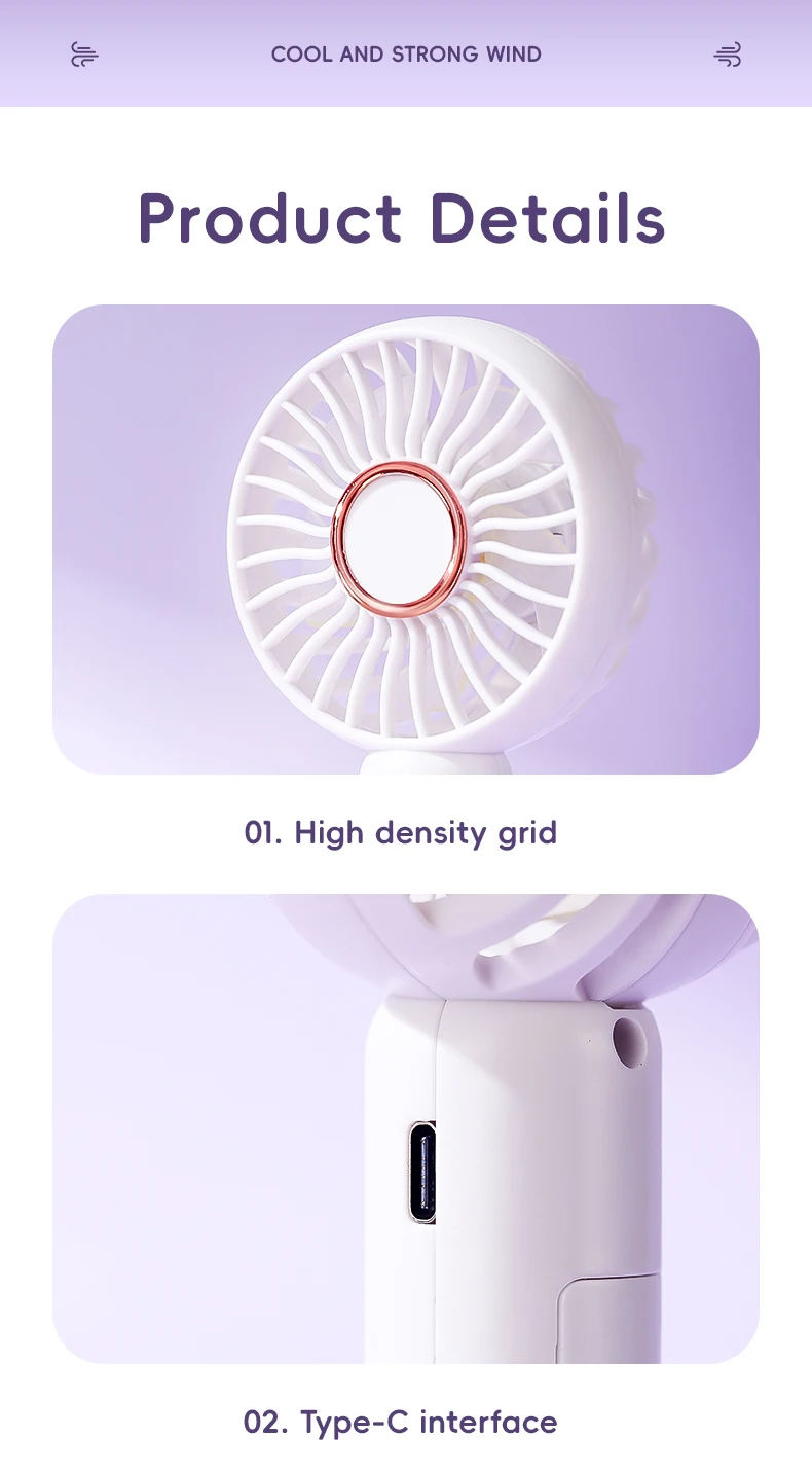 Mini Portable Fan Cute Design 3 Speed Personal Handheld  Desktop with Standing Ring Lightweight USB Rechargeable