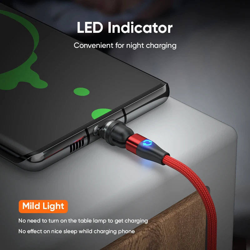 Magnetic Micro USB Type C Charging Cable for Xiaomi Samsung Huawei POCO Redmi 3 in 1 540 Rotate LED Magnetic Cable for iPhone