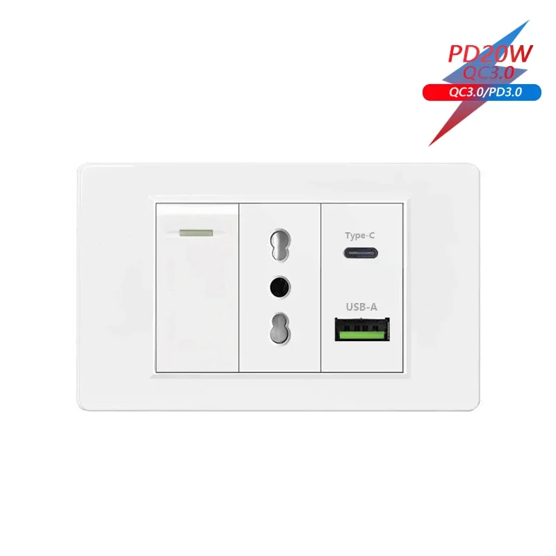 Italy Chile  Standard Outlet with USB Smart Type-c 20W Fast Charging, Dual USB Wall Socket Chile Plug Plastic Panel Light Switch