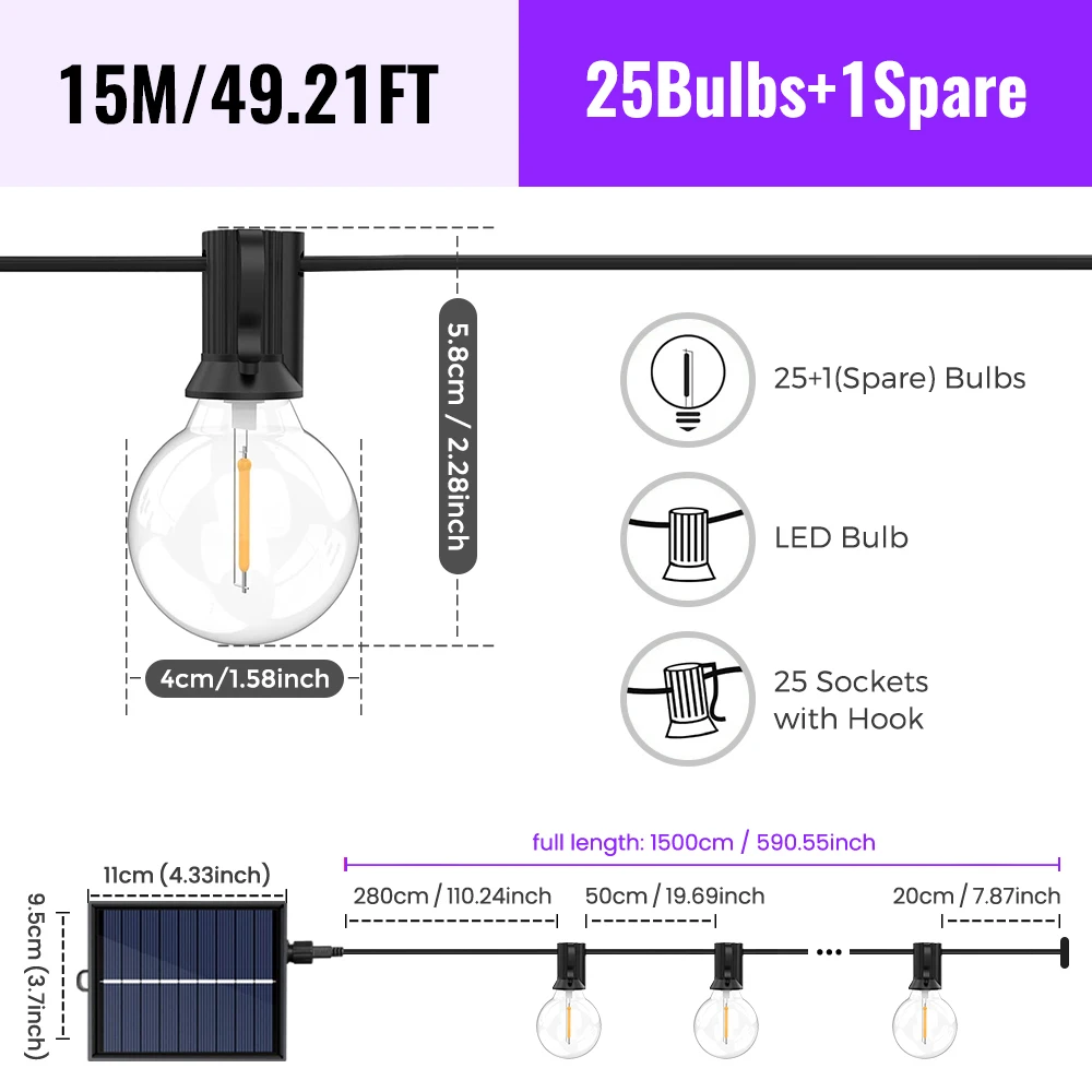 Solar String Lights Outdoor G40 Patio Lights with LED Shatterproof Bulbs,Weatherproof Hanging Lights for Backyard Bistro