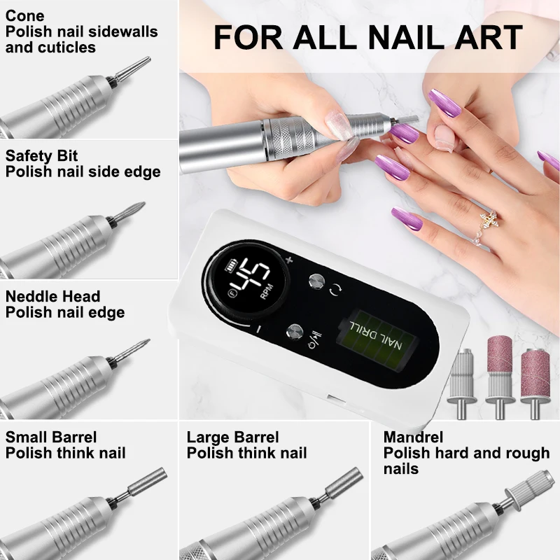 Professional Electric Nail Drill Kit Portable Nail Drill Machine Rechargeable Low Noise Nail Sander File For Manicure Salon Tool