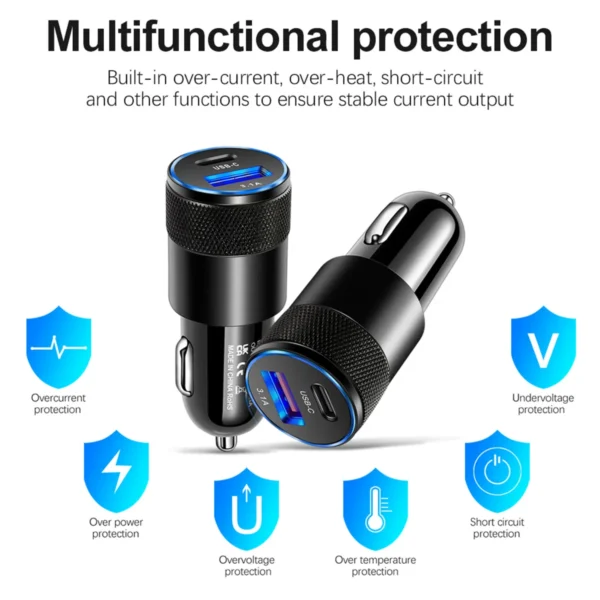 3.1A USB Car Charger Type C Fast Charging Phone Adapter For Xiaomi Huawei PD Phone Charger Adapter Socket Cigarette Lighter