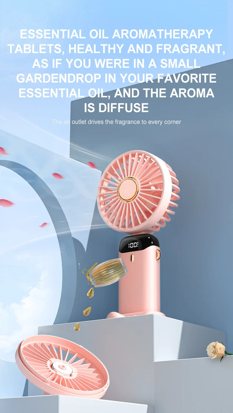 3000mAh Handheld Mini Fan Foldable Portable Neck Hanging Fans 5 Speed USB Rechargeable Fan with Phone Stand and Display Screen