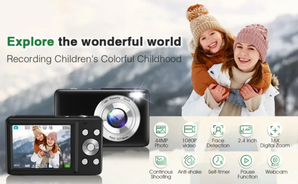 HD 1080P 2.4 inch digital Camera Rechargeable Cameras with 16x Zoom Compact Camera 44MP Cameras for kids Beginner Camera