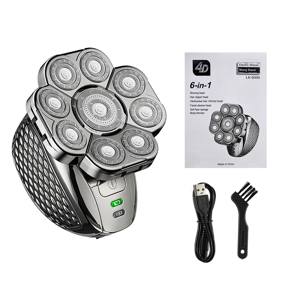 6 in 1 Professional men Waterproof electric shaver with 9 Cutter Floating Head, USB Rechargeable Multifunction Grooming Kit