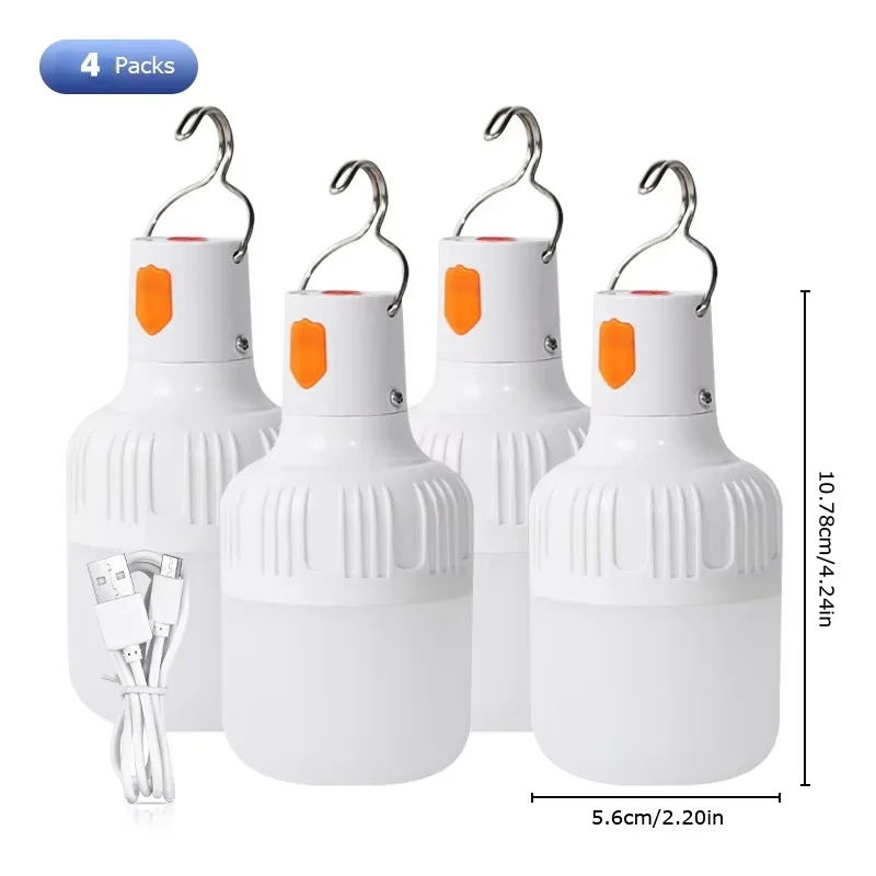 2/4PC Camping Light Portable Rechargeable Dimmable LED Bulb Brightness Outdoor Tent Light Emergency Night Light with Hook
