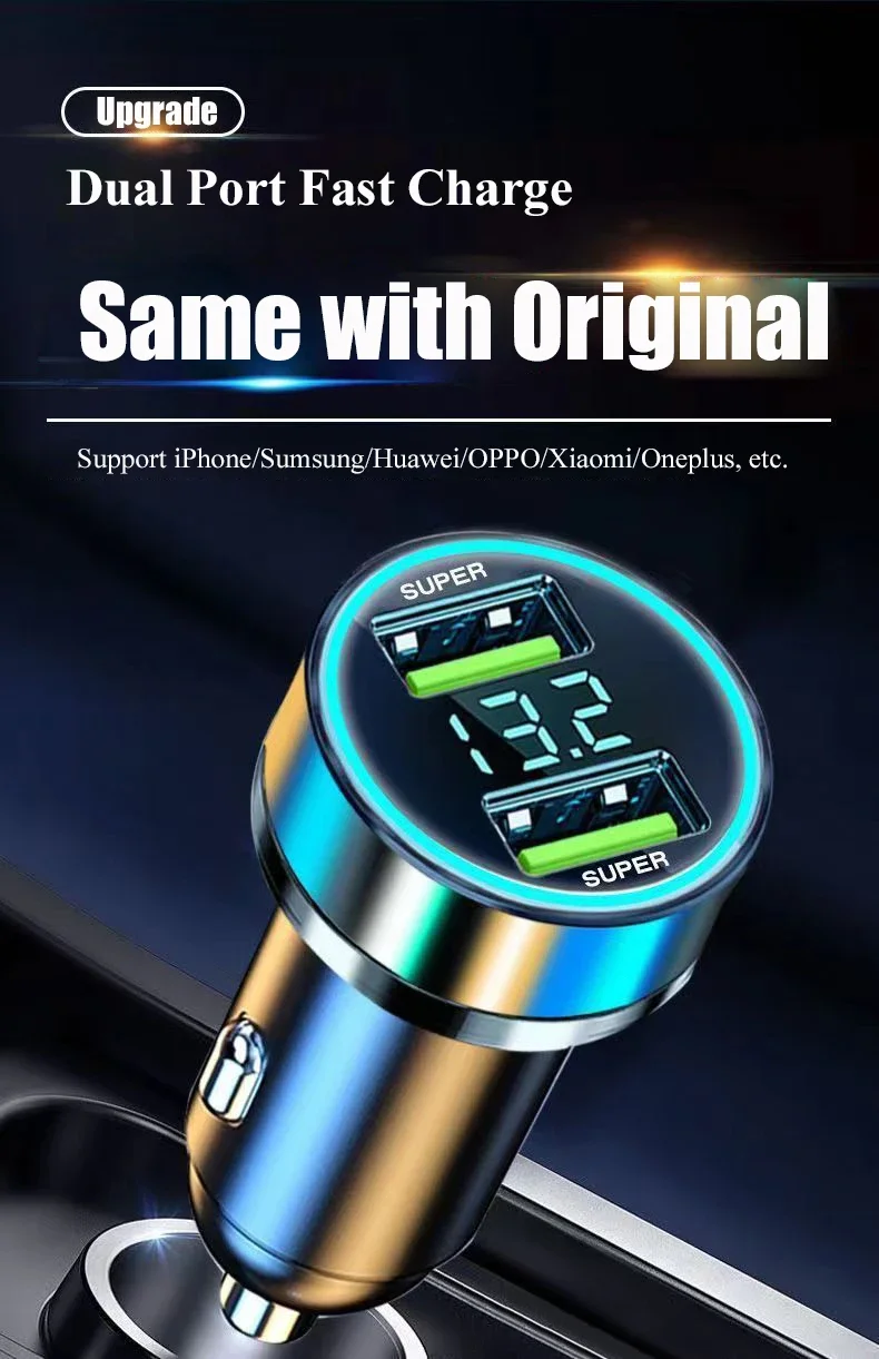 240W Car Charger Fast Charging 2 USB Ports Adapter for IPhone Samsung Xiaomi Quick Charging Chargers with Digital Display
