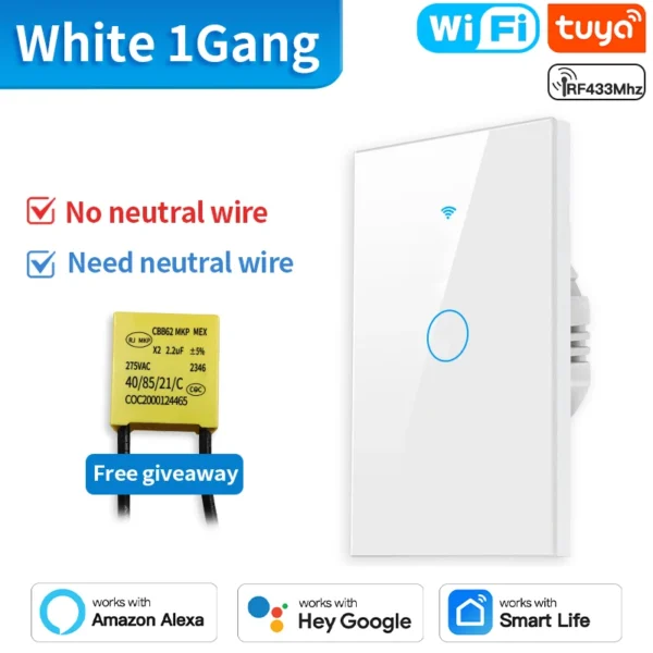 TNCE Tuya US Switch wifi zigbee,rf433 switches, No-Neutral/Wire LED light control Wall Button,smart voice with Alexa Google Home