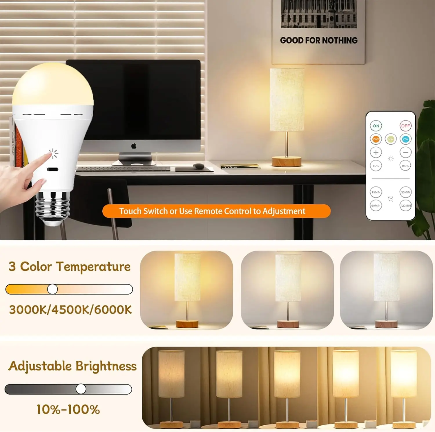 Rechargeable Light Bulbs with Remote Control, E27 Cordless Battery Operated Light Bulb for Lamps,2200mAh/Dimmable/Timer