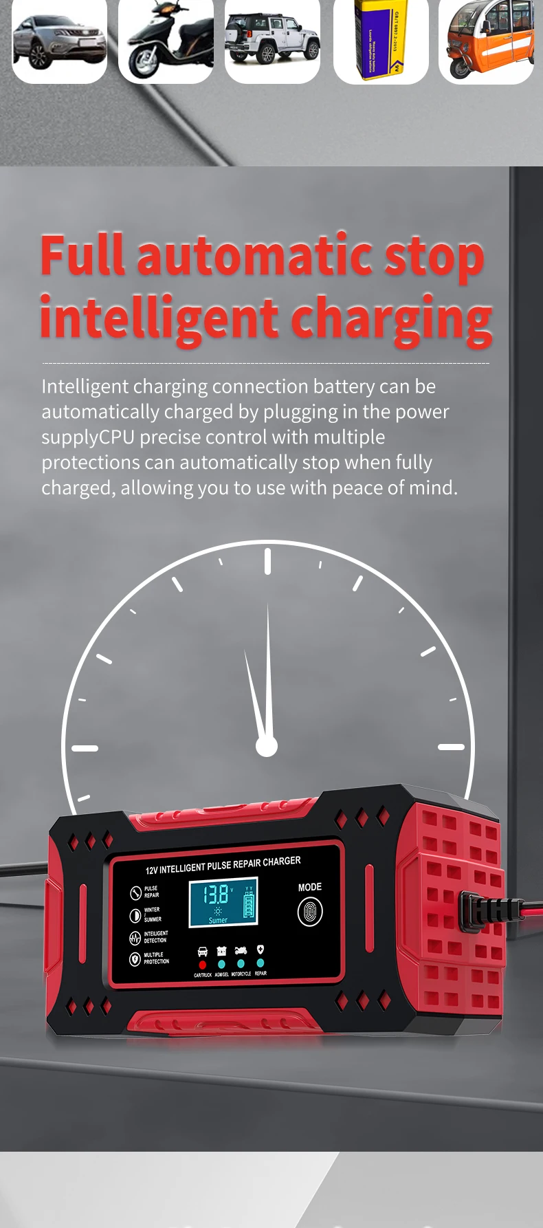 6A 12V Intelligent Car Battery Charger Car and Motorcycle Battery Charging Unit Lead-Acid Battery Repair LCD Display