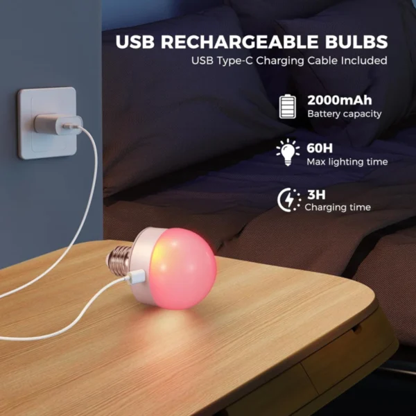 HPH Rechargeable Light Bulbs Remote Control Battery Operated Light Bulb with Timer, Dimmable, 3 Color Temperatures