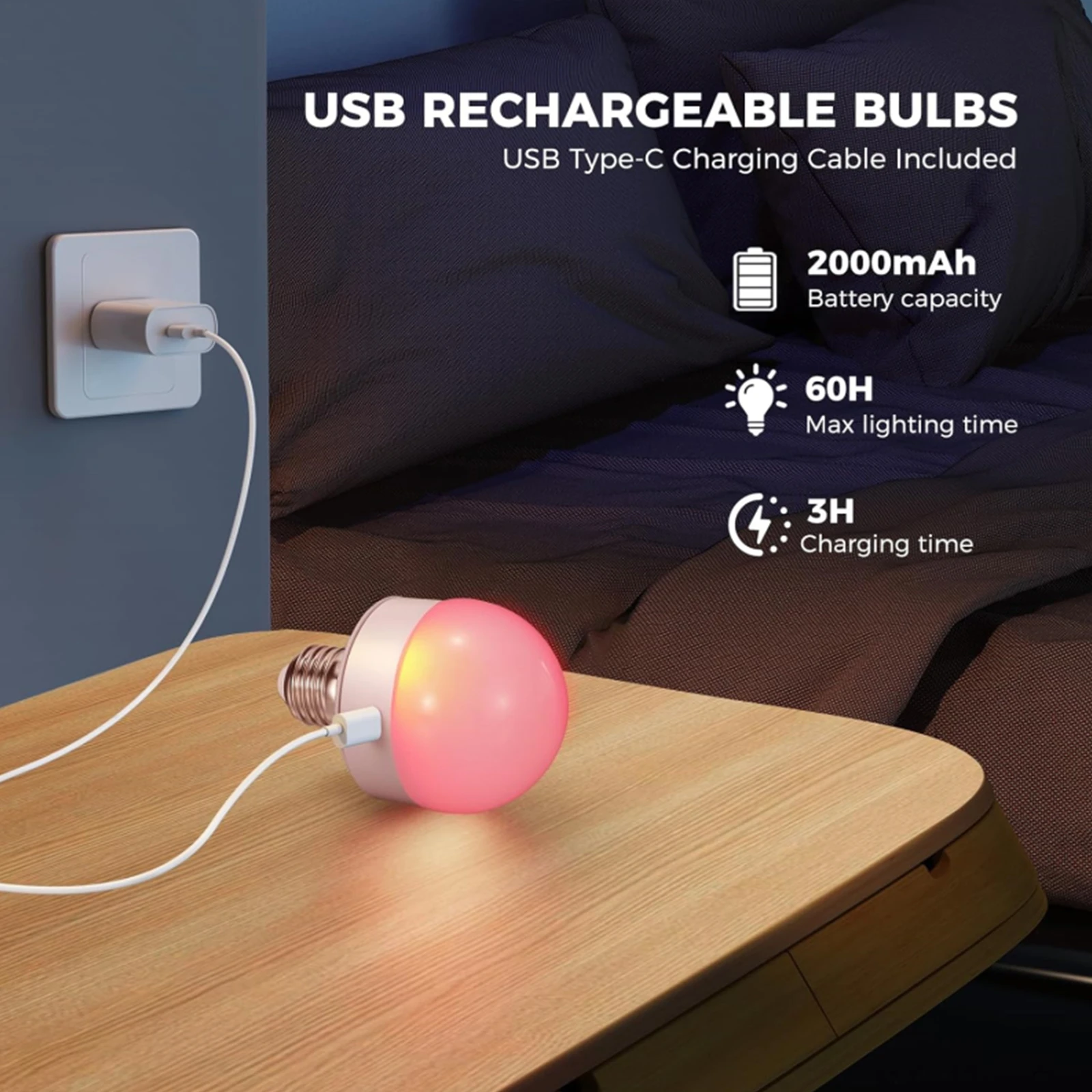 HPH Rechargeable Light Bulbs Remote Control Battery Operated Light Bulb with Timer, Dimmable, 3 Color Temperatures