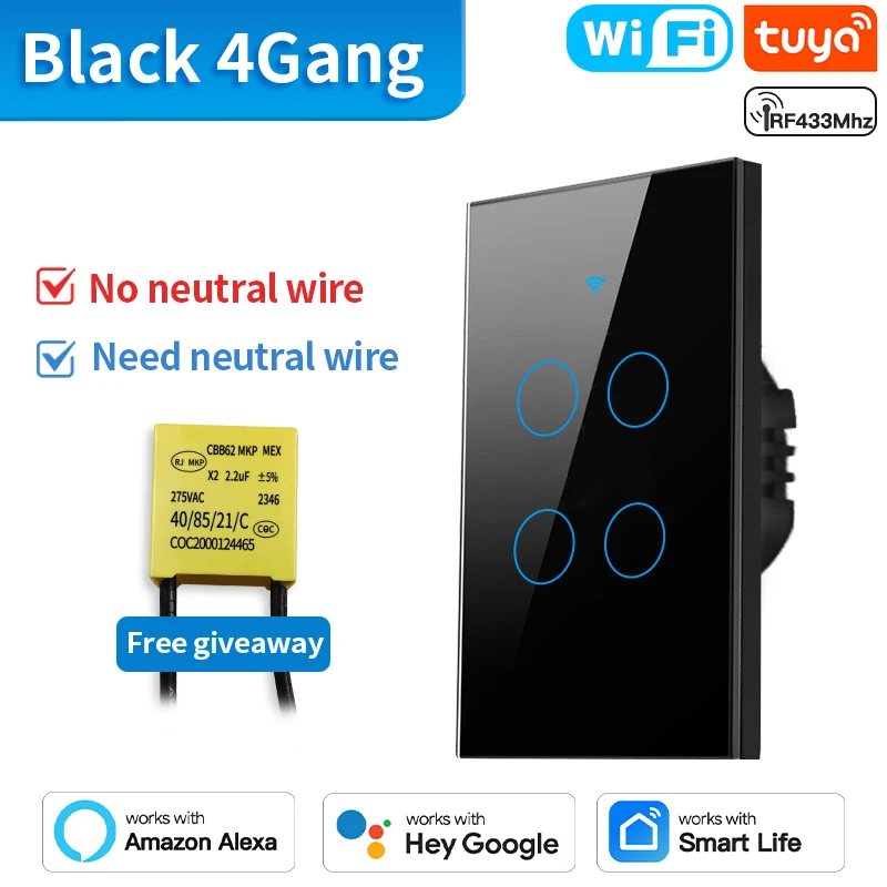 TNCE Tuya US Switch wifi zigbee,rf433 switches, No-Neutral/Wire LED light control Wall Button,smart voice with Alexa Google Home