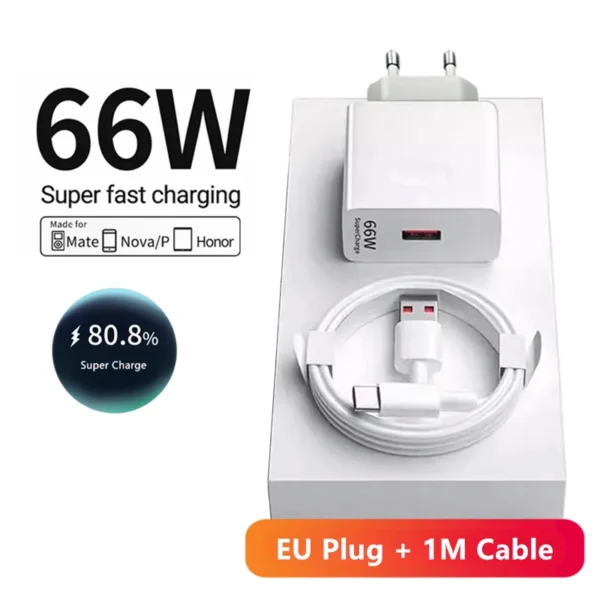 6A 66W Super Fast EU Wall Charger For Huawei Mate 40 50 60 P50 Nova 8 9 10 Honor 90 100 X7 X8 X9 Magic Type C Charging USB Cable