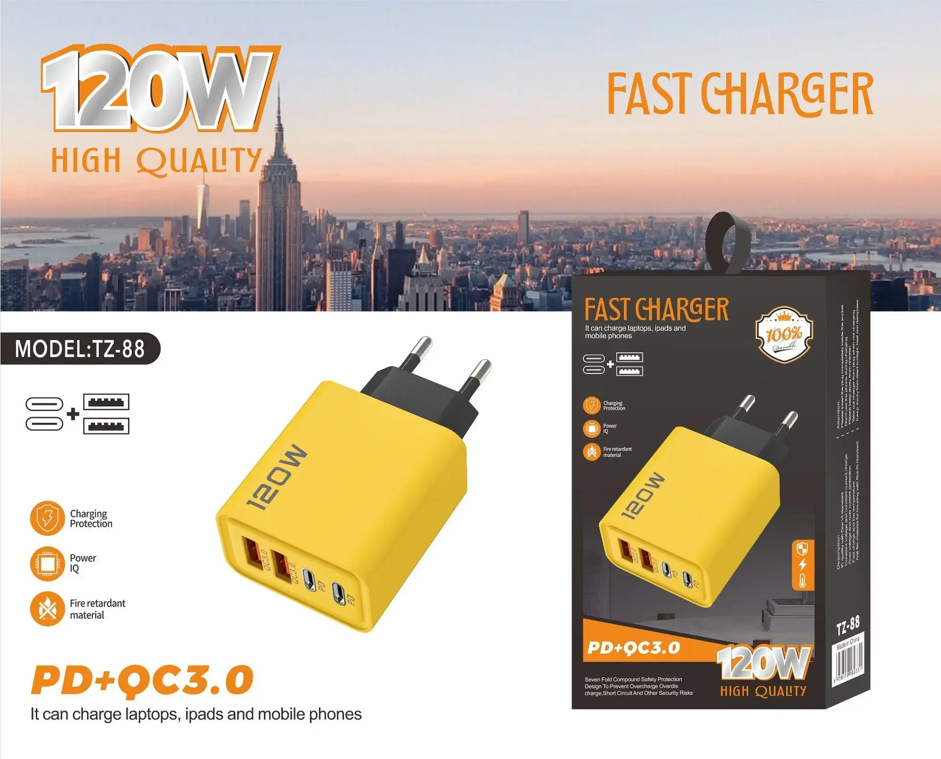 120W 3.0 USB fast phone charger type C quick charge charging adapter for iPhone 15 14 13 Samsung Xiaomi 2 PD 4 ports EU/US plug