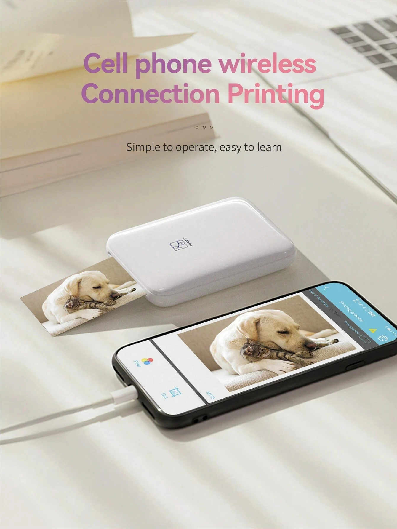 MT53 Portable Color Photo Printer Handheld Pocket Printer 313Dpi 2X3 inch Sticky-backed Photo Paper Printing Machine For Home