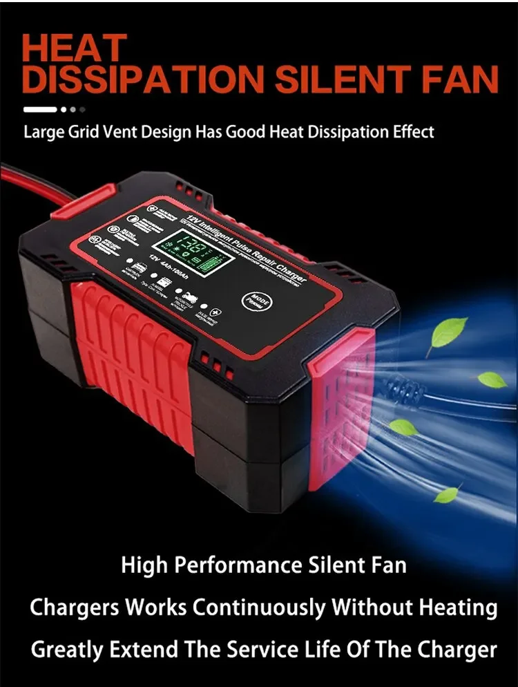Car Battery Charger 12V Pulse Repair LCD Display Smart Fast Charge AGM Deep Cycle GEL Lead-Acid Charger For Auto Motorcycle