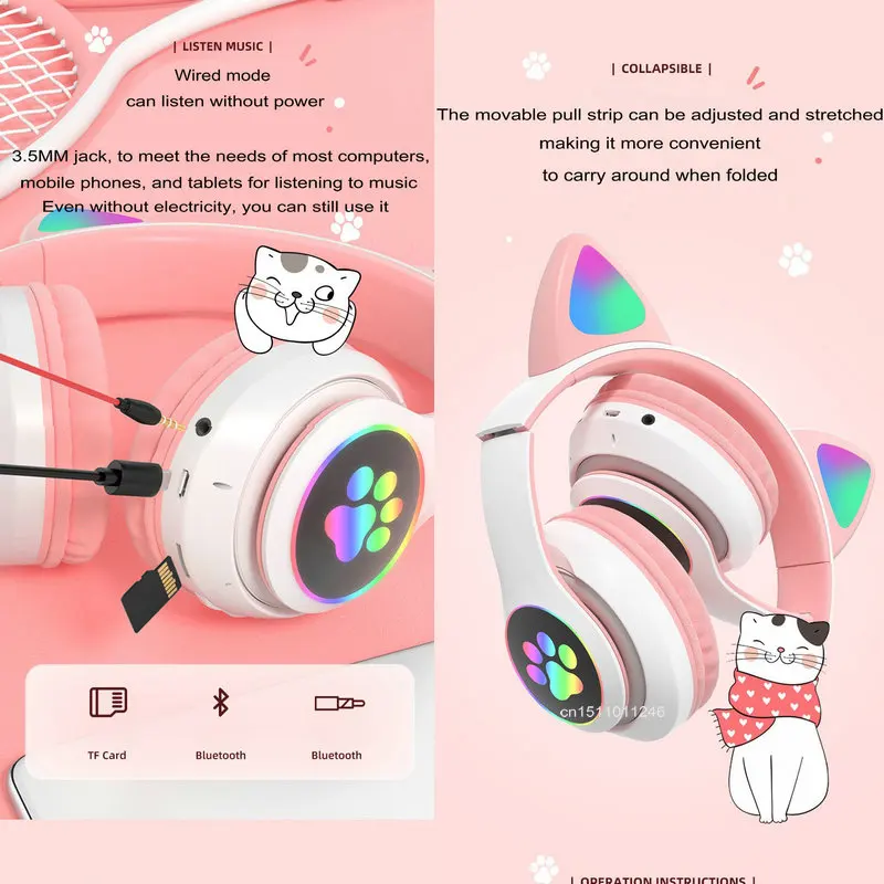 Cat Ears Headphones Flash Light Wireless With MIC Control LED Kid Girl Stereo Cute Music Helmet Bluetooth Phone Headset Earphone
