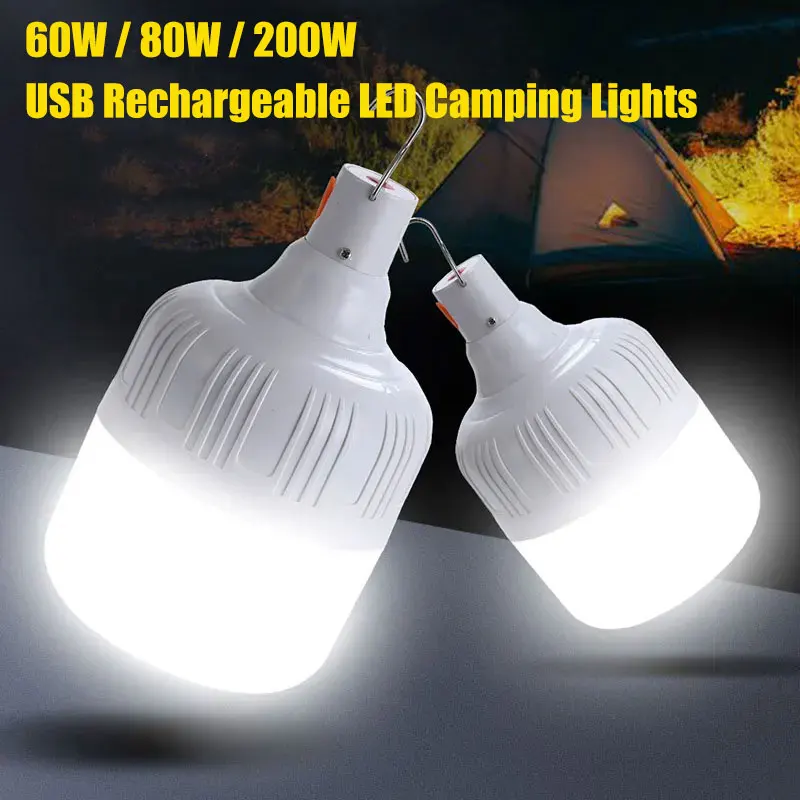 Portable LED Camping Lantern Rechargeable 60W/80W/200W Lamp Bulb High Bright Outdoor Emergency Lighting Fishing Tent Night Light