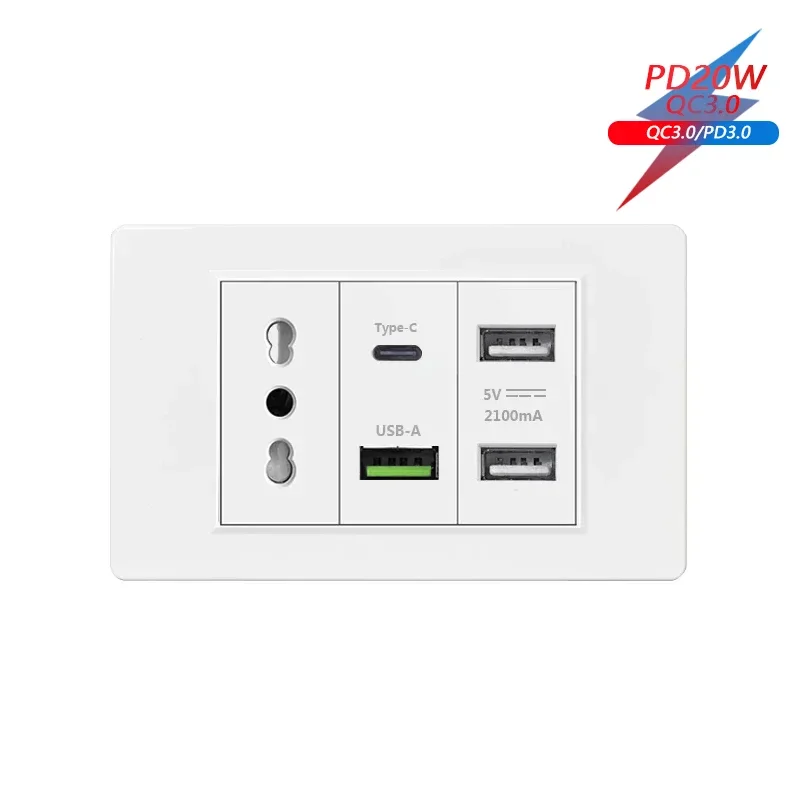 Italy Chile  Standard Outlet with USB Smart Type-c 20W Fast Charging, Dual USB Wall Socket Chile Plug Plastic Panel Light Switch