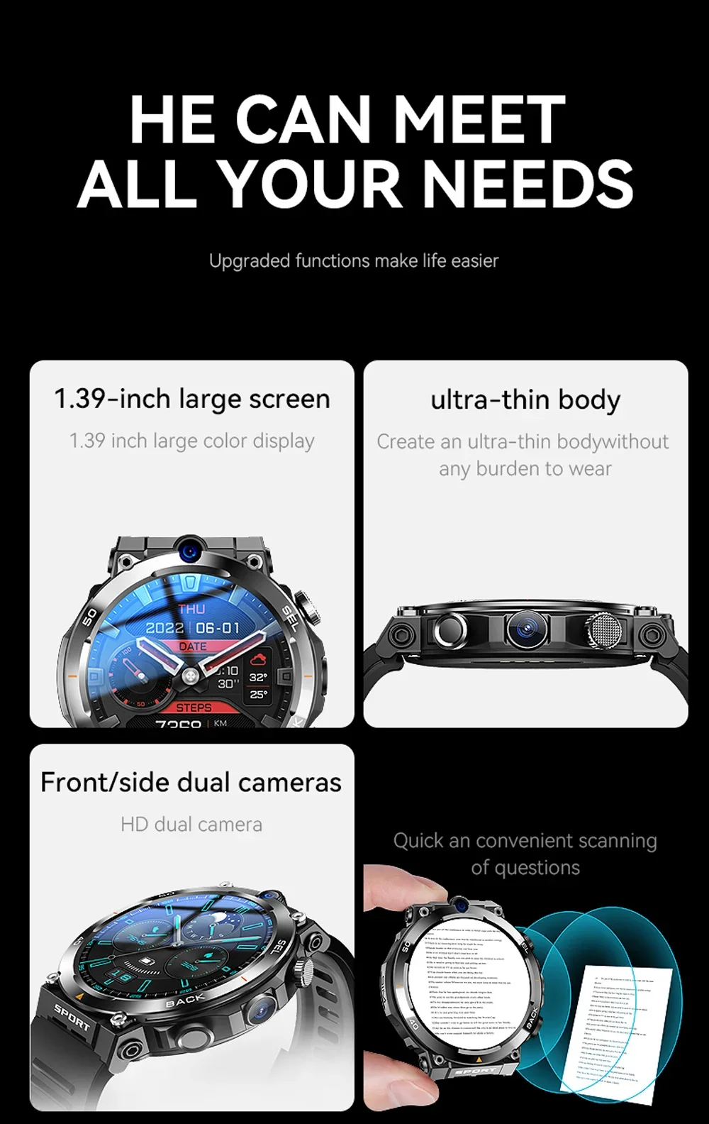 1.39-inch 4G Network SIM Card Smart Watch Dual Camera GPS Wifi NFC Rugged 64G-ROM Google Play IP67 Android Men Women Smartwatch