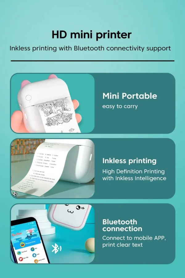 Mini printer, Thermal Printer Ink-free Portable Sticker Printer Compatible with IOS and Android, Wireless Photo Printing Tags