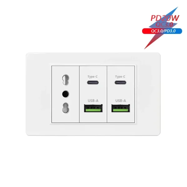 Italy Chile  Standard Outlet with USB Smart Type-c 20W Fast Charging, Dual USB Wall Socket Chile Plug Plastic Panel Light Switch