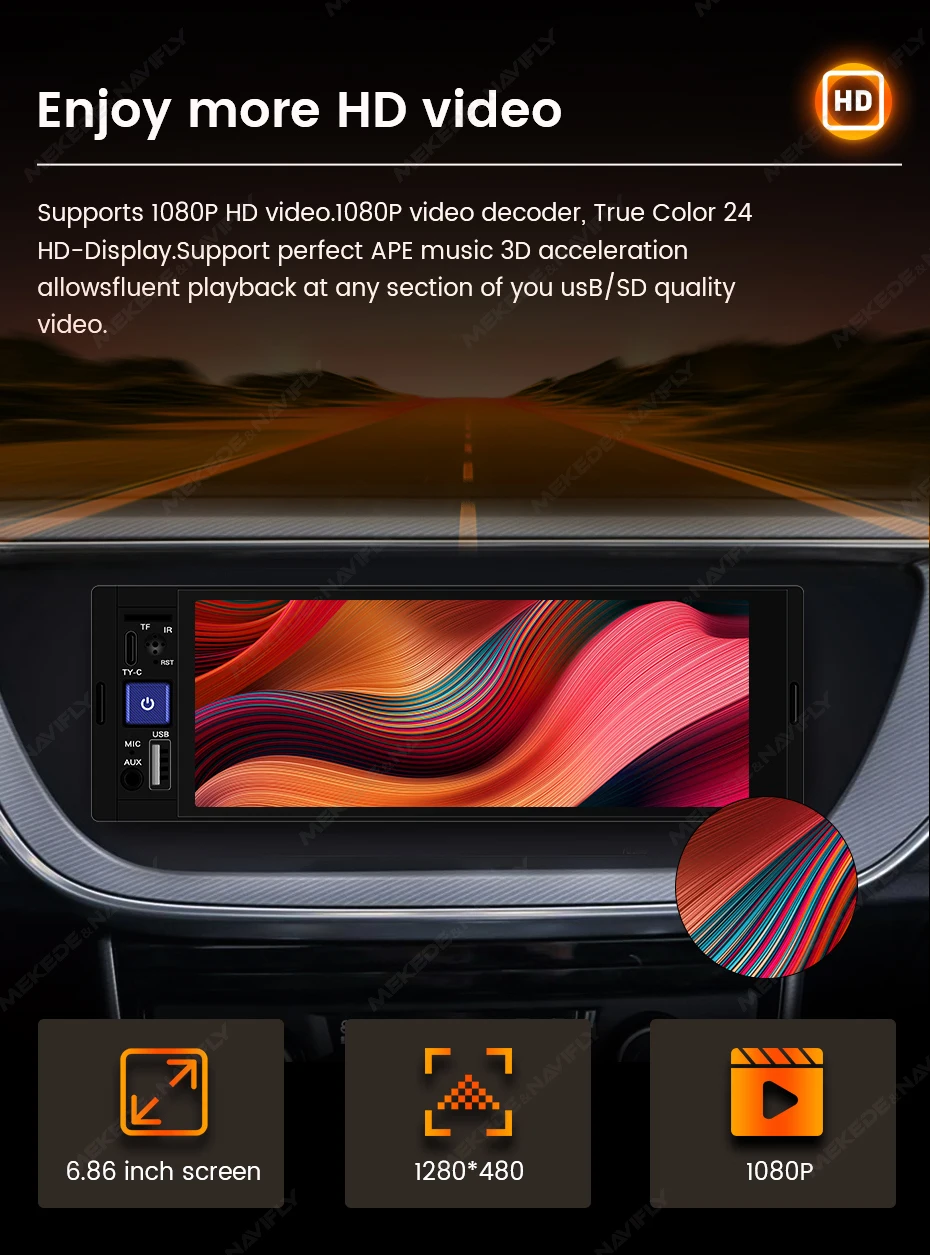 1DIN Universal MP5 6.86-Inch Car Radio Support Wireless Carplay Android AUTO AUX USB SWC BT Touch Screen Multimedia Video Player