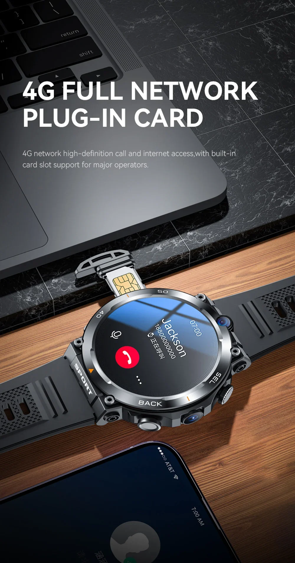 1.39-inch 4G Network SIM Card Smart Watch Dual Camera GPS Wifi NFC Rugged 64G-ROM Google Play IP67 Android Men Women Smartwatch