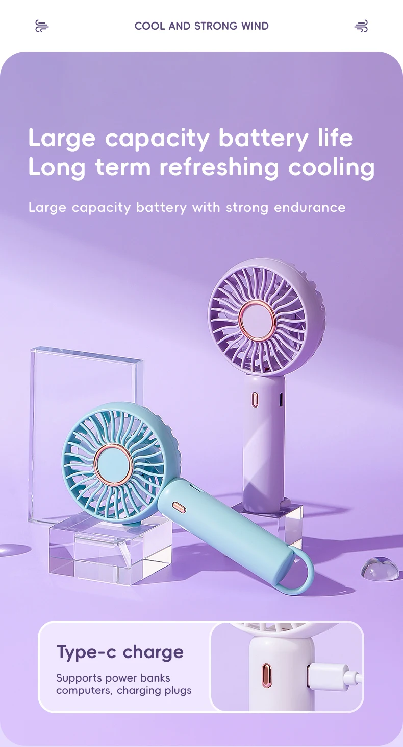 Mini Portable Fan Cute Design 3 Speed Personal Handheld  Desktop with Standing Ring Lightweight USB Rechargeable