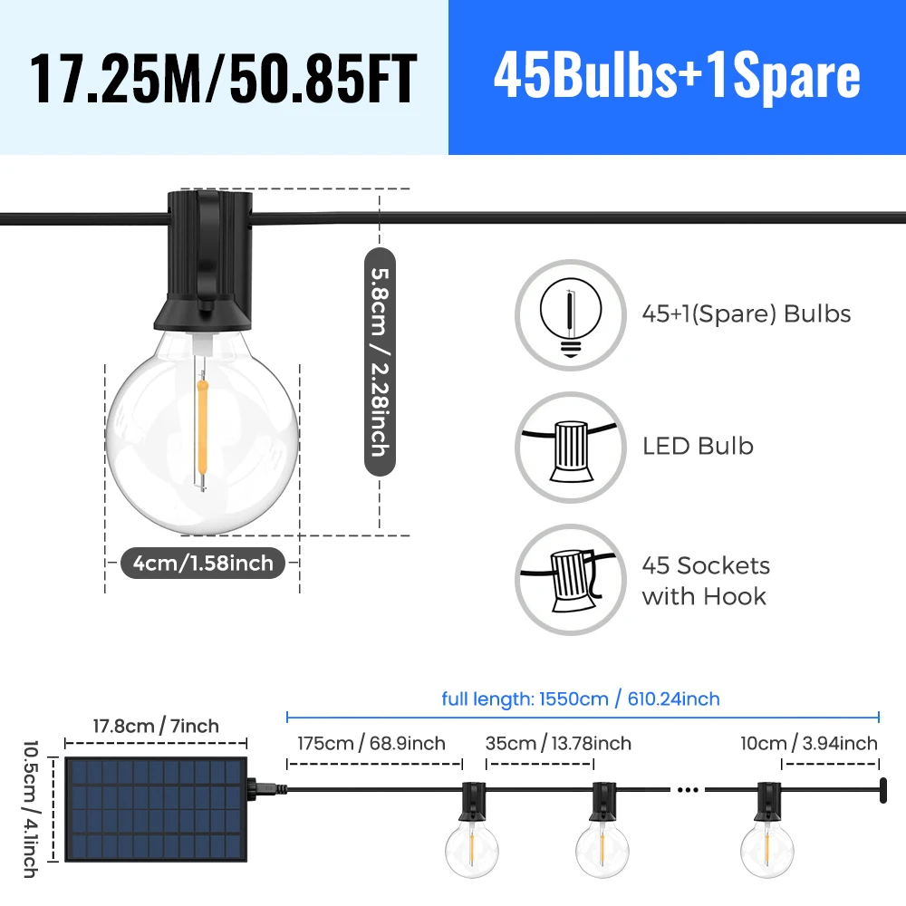 Solar String Lights Outdoor G40 Patio Lights with LED Shatterproof Bulbs,Weatherproof Hanging Lights for Backyard Bistro