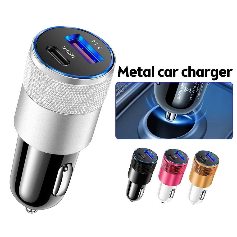 3.1A Dual USB Car Charger QC3.0 Fast Charging PD Phone Charger Auto Cigarette Lighter Adapter 12-24V For iPhone Xiaomi Huawei