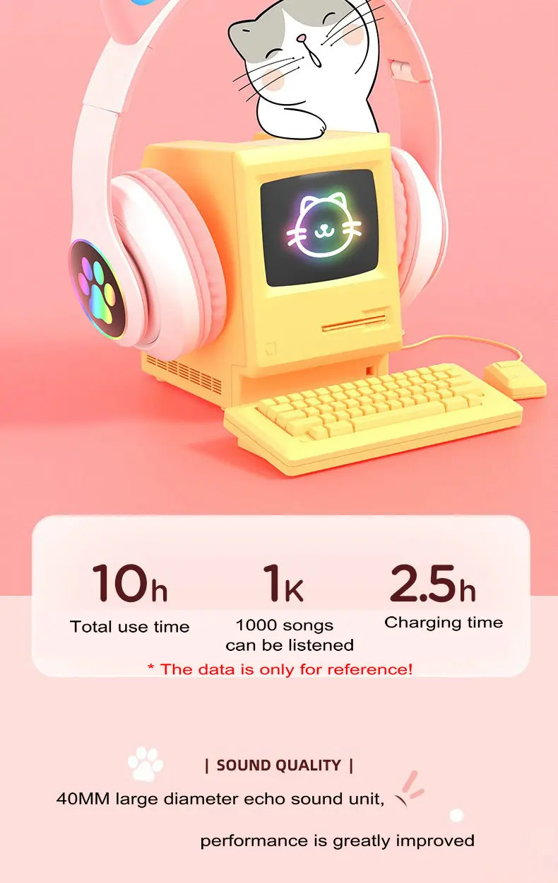 Cat Ears Headphones Flash Light Wireless With MIC Control LED Kid Girl Stereo Cute Music Helmet Bluetooth Phone Headset Earphone
