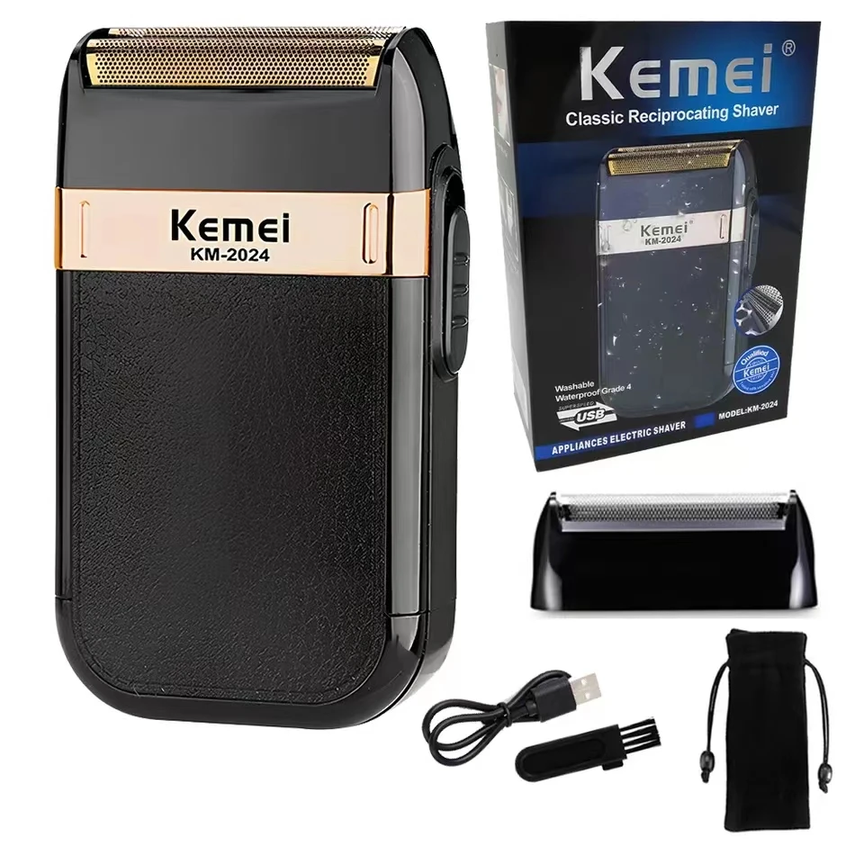 Kemei KM-2024 Electric Shaver Professional USB Rechargeable Men's Electric Shaver Leather Shell Waterproof Beard Trimmer Shaver