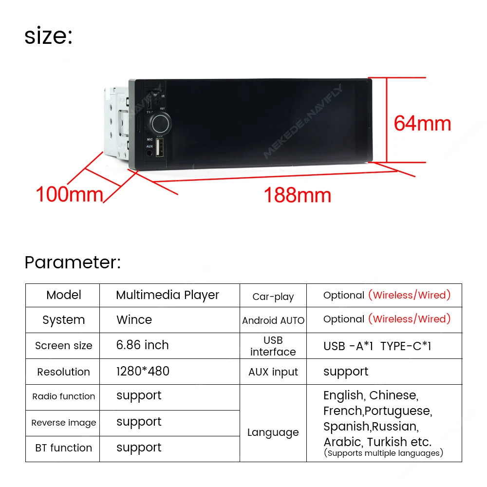1DIN Universal MP5 6.86-Inch Car Radio Support Wireless Carplay Android AUTO AUX USB SWC BT Touch Screen Multimedia Video Player