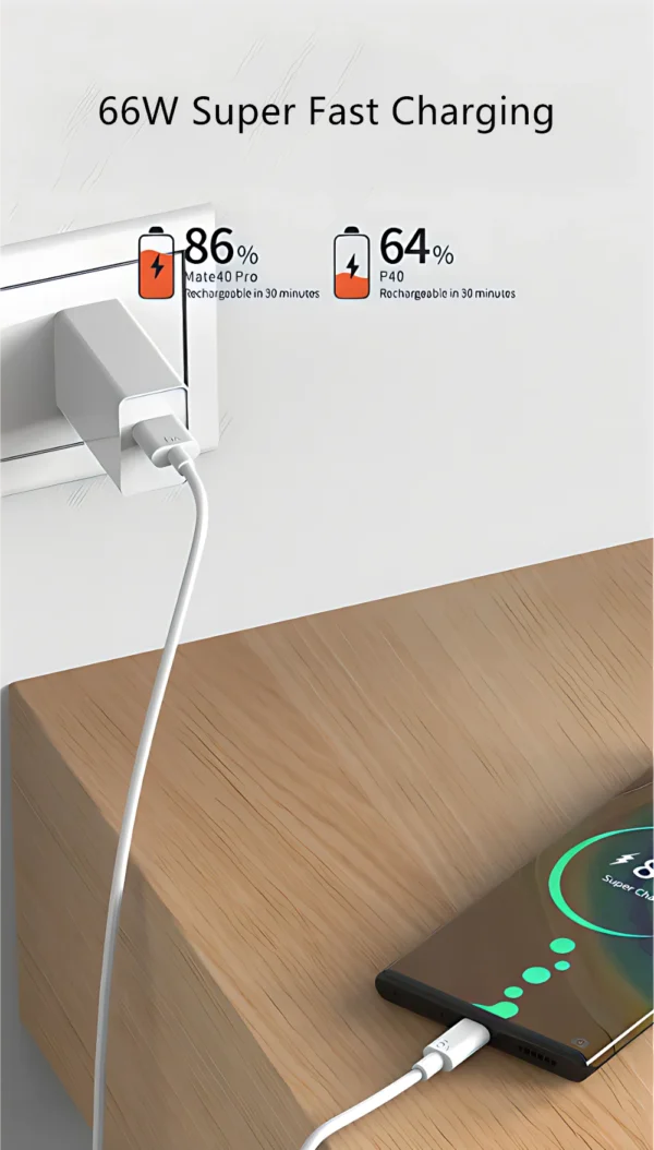 6A 66W Super Fast EU Wall Charger For Huawei Mate 40 50 60 P50 Nova 8 9 10 Honor 90 100 X7 X8 X9 Magic Type C Charging USB Cable