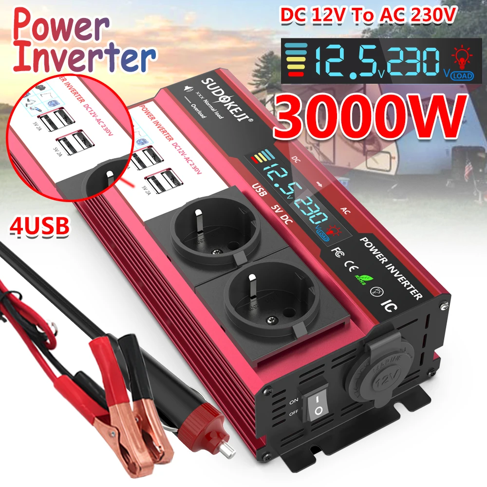 SUDOKEJI 3000W 4000W (MAX POWER)Power Inverter for Car Inverter RV Boat 500W 800W DC 12V 24V To 120V 220V EU US UK Global Socket
