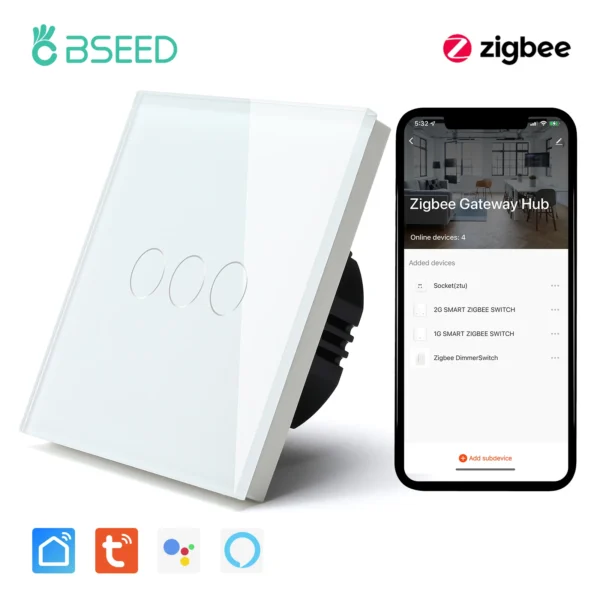BSEED Zigbee Touch Switch Glass 1/2/3Gang Smart Light Switch Tuya Wireless Controller via Google Smart Life Alexa App No Neutral