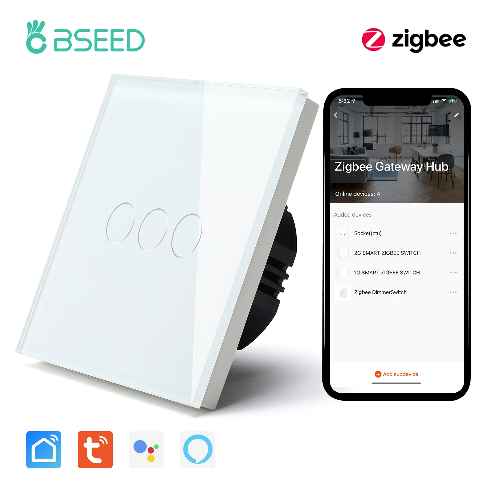 BSEED Zigbee Touch Switch Glass 1/2/3Gang Smart Light Switch Tuya Wireless Controller via Google Smart Life Alexa App No Neutral