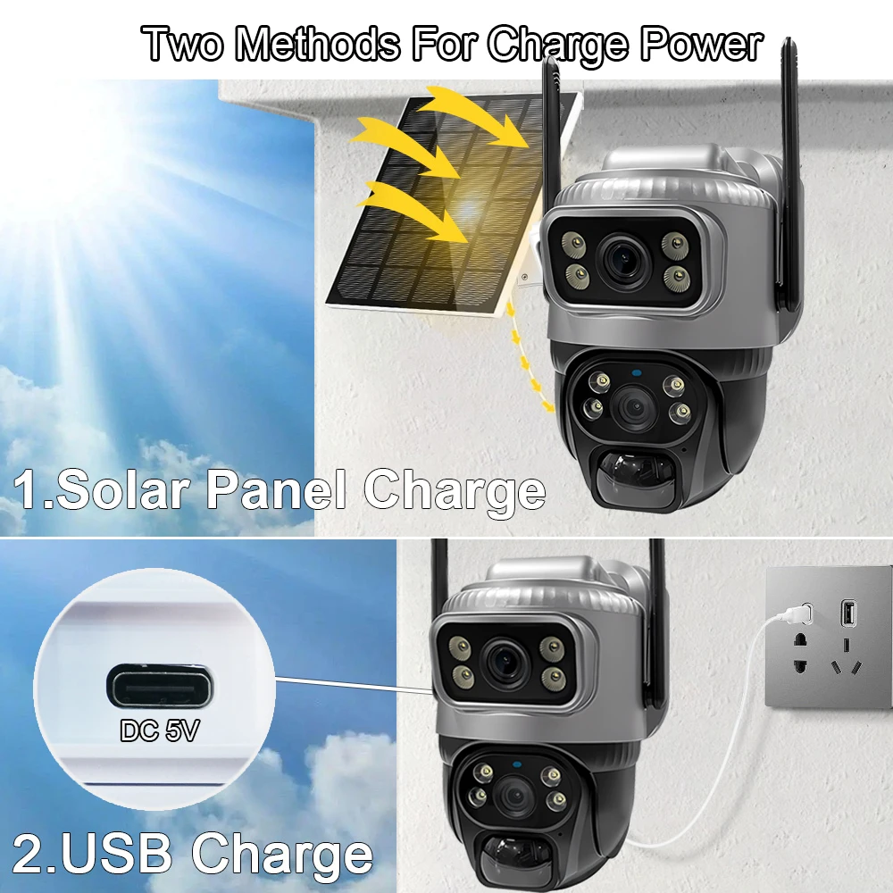 V380 Dual Lens 4G Camera Solar PIR Human Detection Night Vision Waterproof Security Video IP Camara 8MP 4K Battery CCTV Monitor