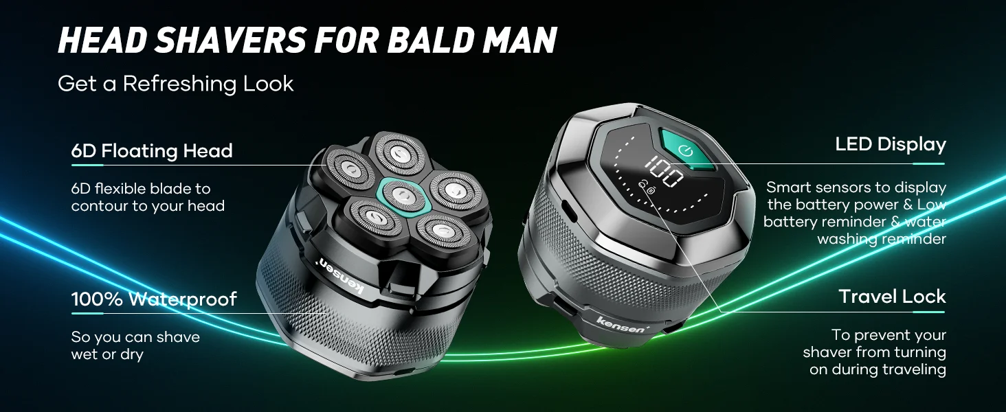 KENSEN Electric Head Shavers for Bald Men 6D Magnetic Razor Hair Trimmer USB Rechargeable LED Display Waterproof Beard Shavers
