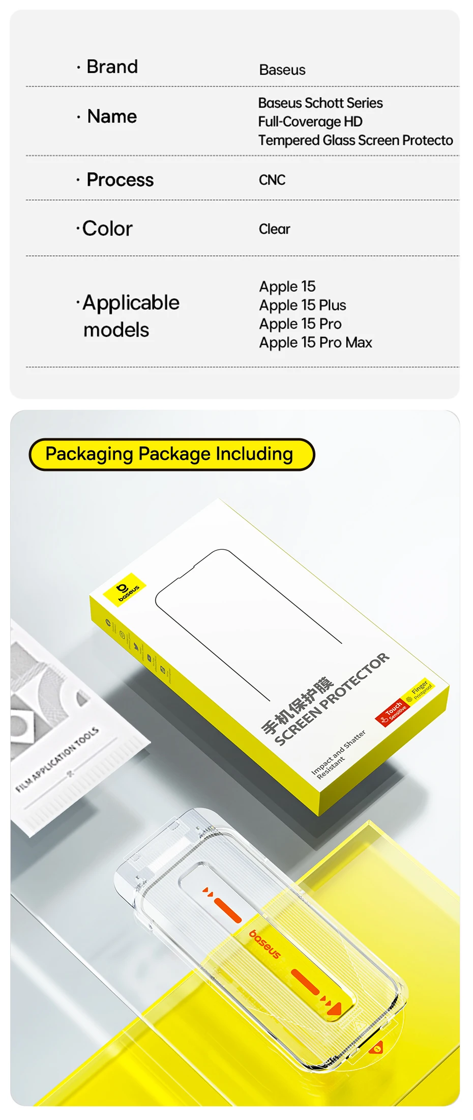 Baseus 0.4mm Corning Tempered Glass for iPhone 16 15 14 13 Pro Max Plus Screen Protector Anti-Peeping Auto Installation Film