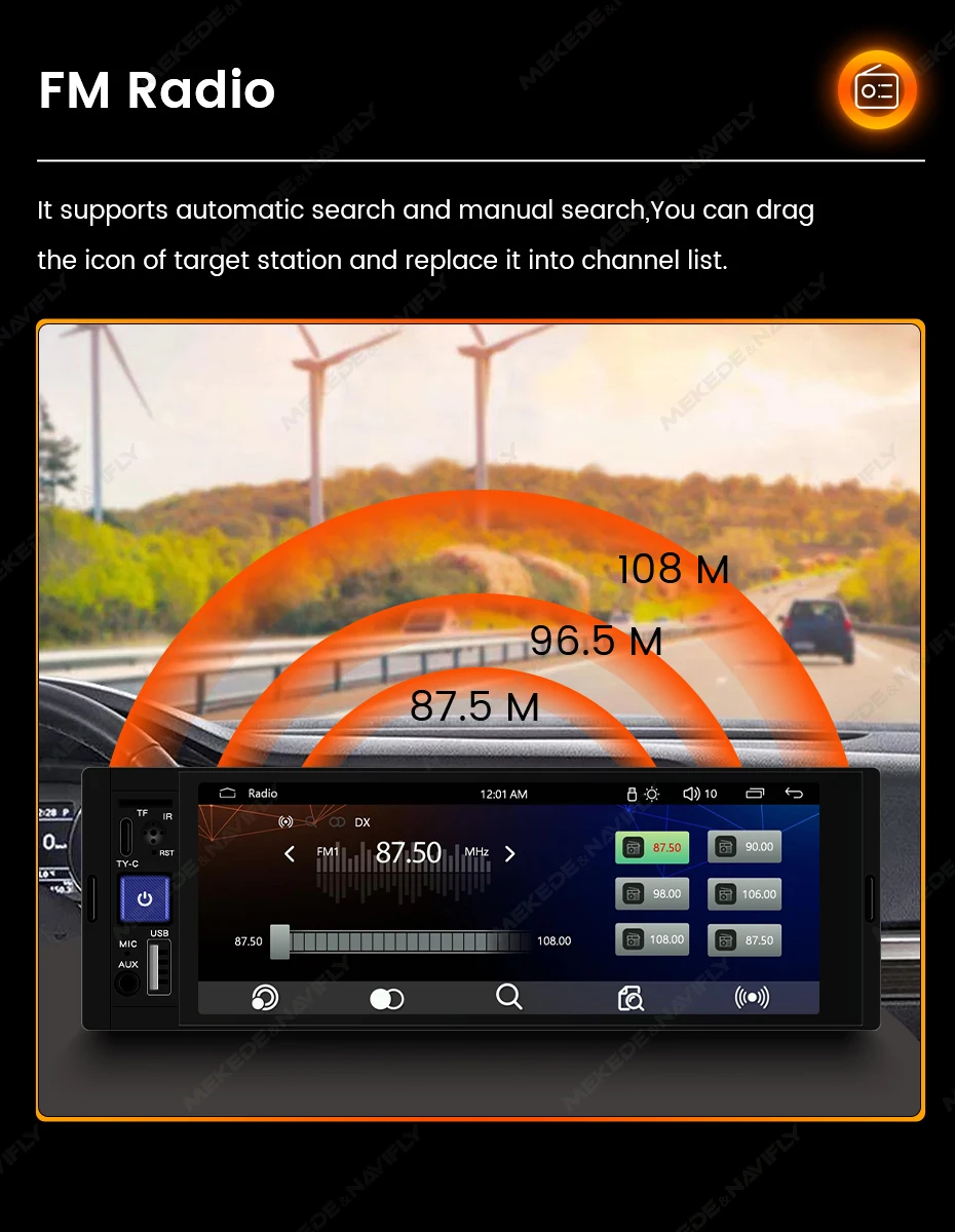 1DIN Universal MP5 6.86-Inch Car Radio Support Wireless Carplay Android AUTO AUX USB SWC BT Touch Screen Multimedia Video Player