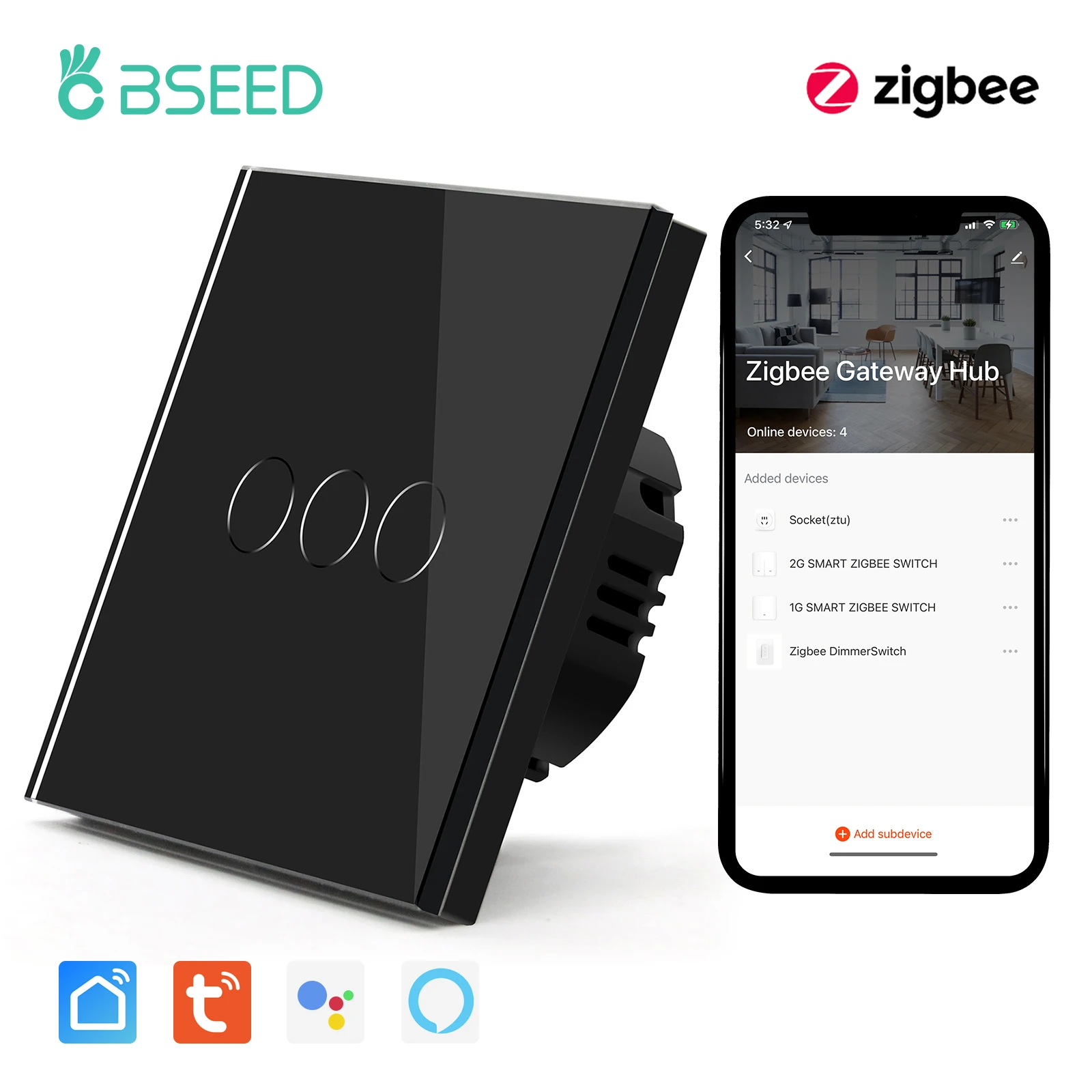 BSEED Zigbee Touch Switch Glass 1/2/3Gang Smart Light Switch Tuya Wireless Controller via Google Smart Life Alexa App No Neutral