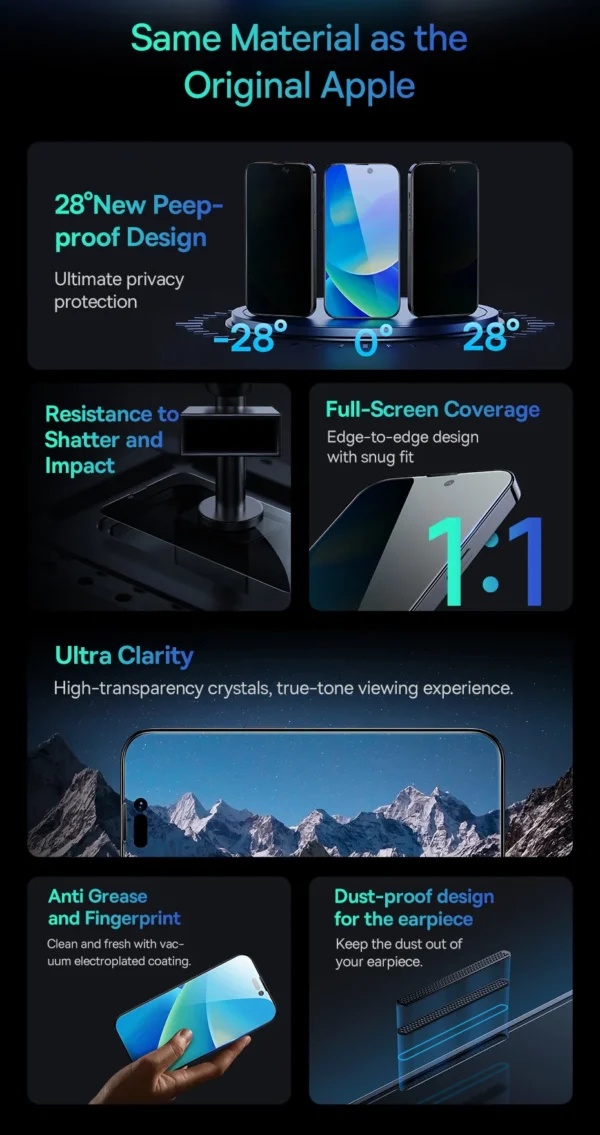 Baseus 0.4mm Corning Tempered Glass for iPhone 16 15 14 13 Pro Max Plus Screen Protector Anti-Peeping Auto Installation Film