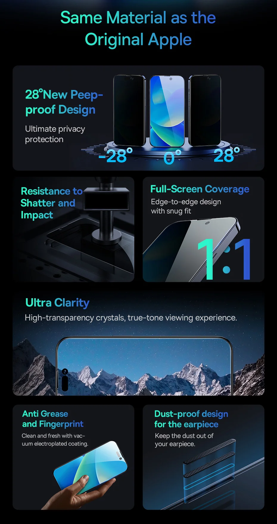 Baseus 0.4mm Corning Tempered Glass for iPhone 16 15 14 13 Pro Max Plus Screen Protector Anti-Peeping Auto Installation Film