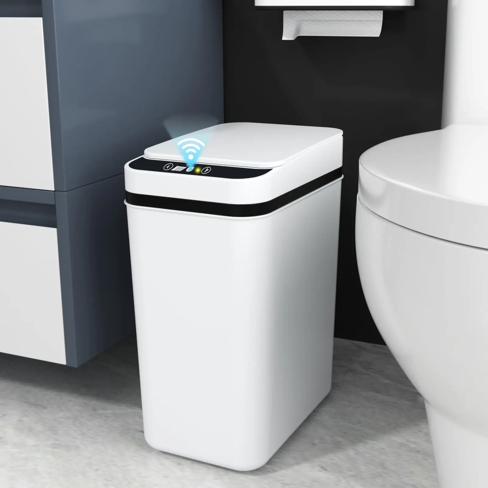 Bathroom Trash Can with Lid Touchless Automatic Garbage Can Slim Motion Sensor Smart Trash Bin for Bedroom,Office,Living Room